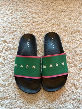 Marni Green and Pink Logo Slide Sandals